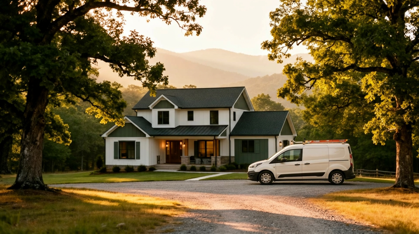 East Tennessee farmhouse at golden hour with HVAC service van