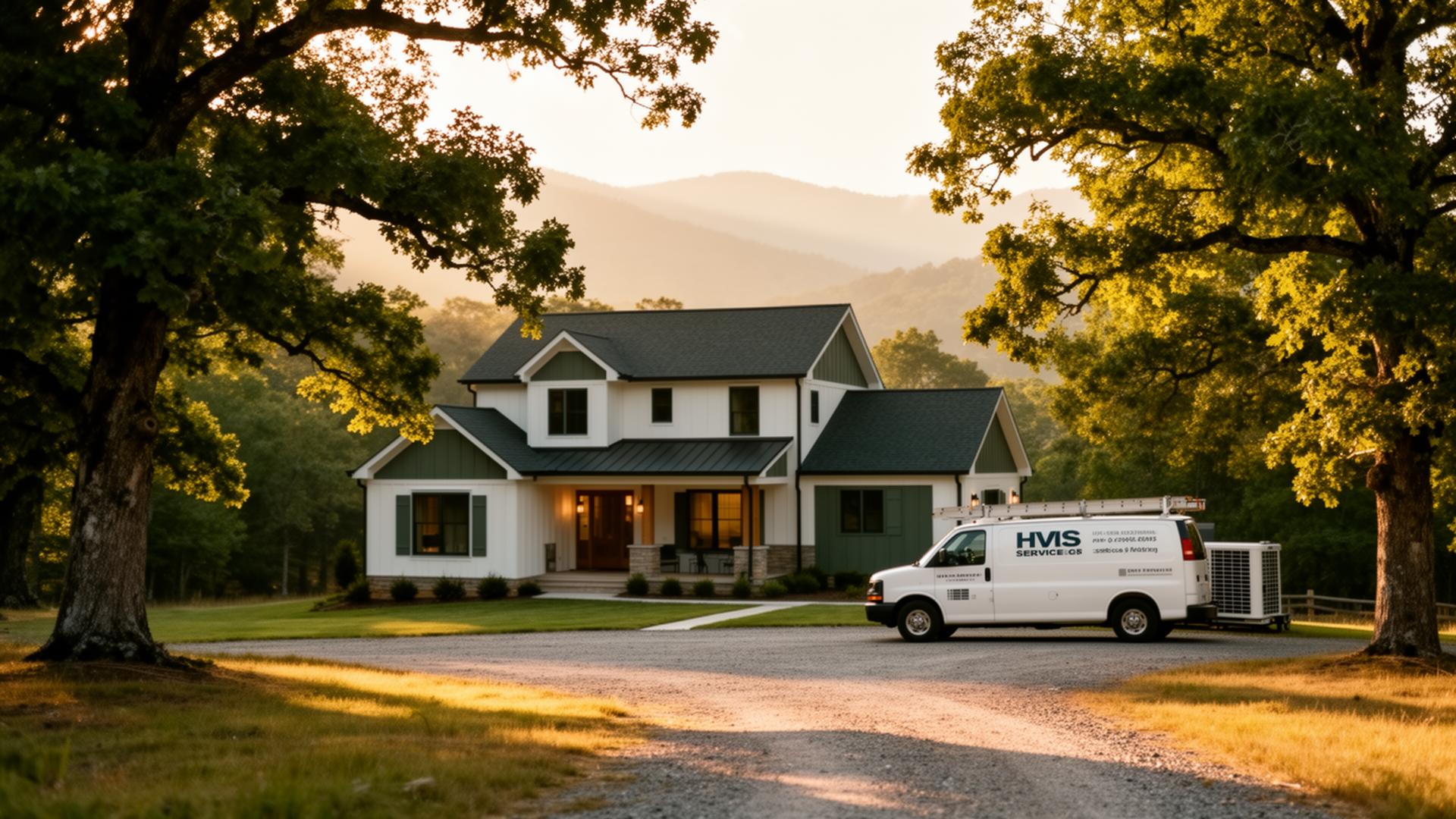 East Tennessee farmhouse at golden hour with HVAC service van